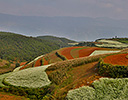 Kunming Dongchuan Red Land area landscape of crop land and rolling hills.