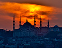 Sunset over Blue Mosque and the Bosphorus, Istanbul Turkey